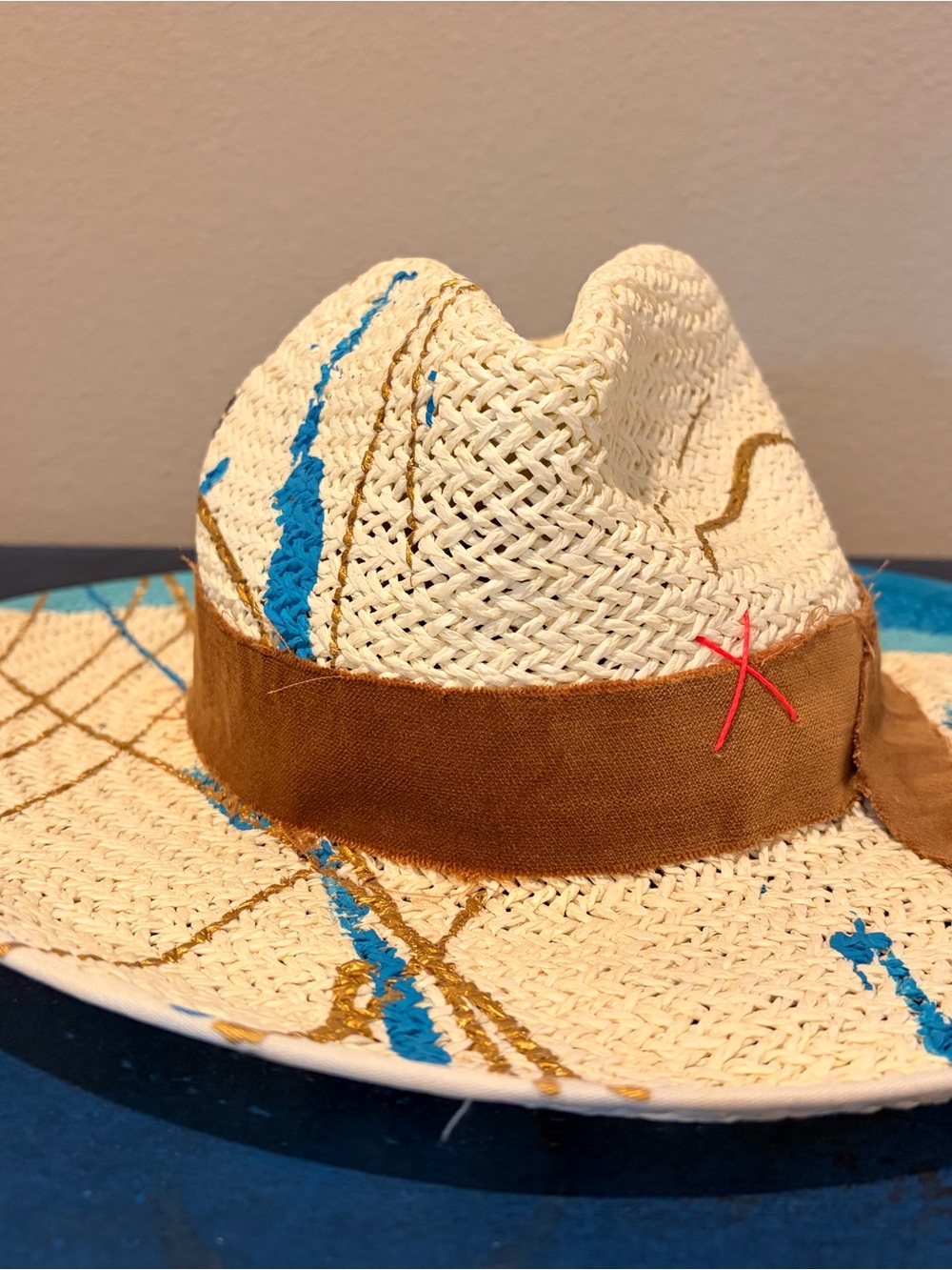 Women’s Boutique custom Straw Sun Hat with Blue & Gold Accent